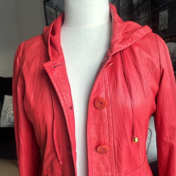 Vintage GENUINE Soft Coral Red Leather SCHAFSTALL Germany Parka Coat size 38 - Picture 16 of 16